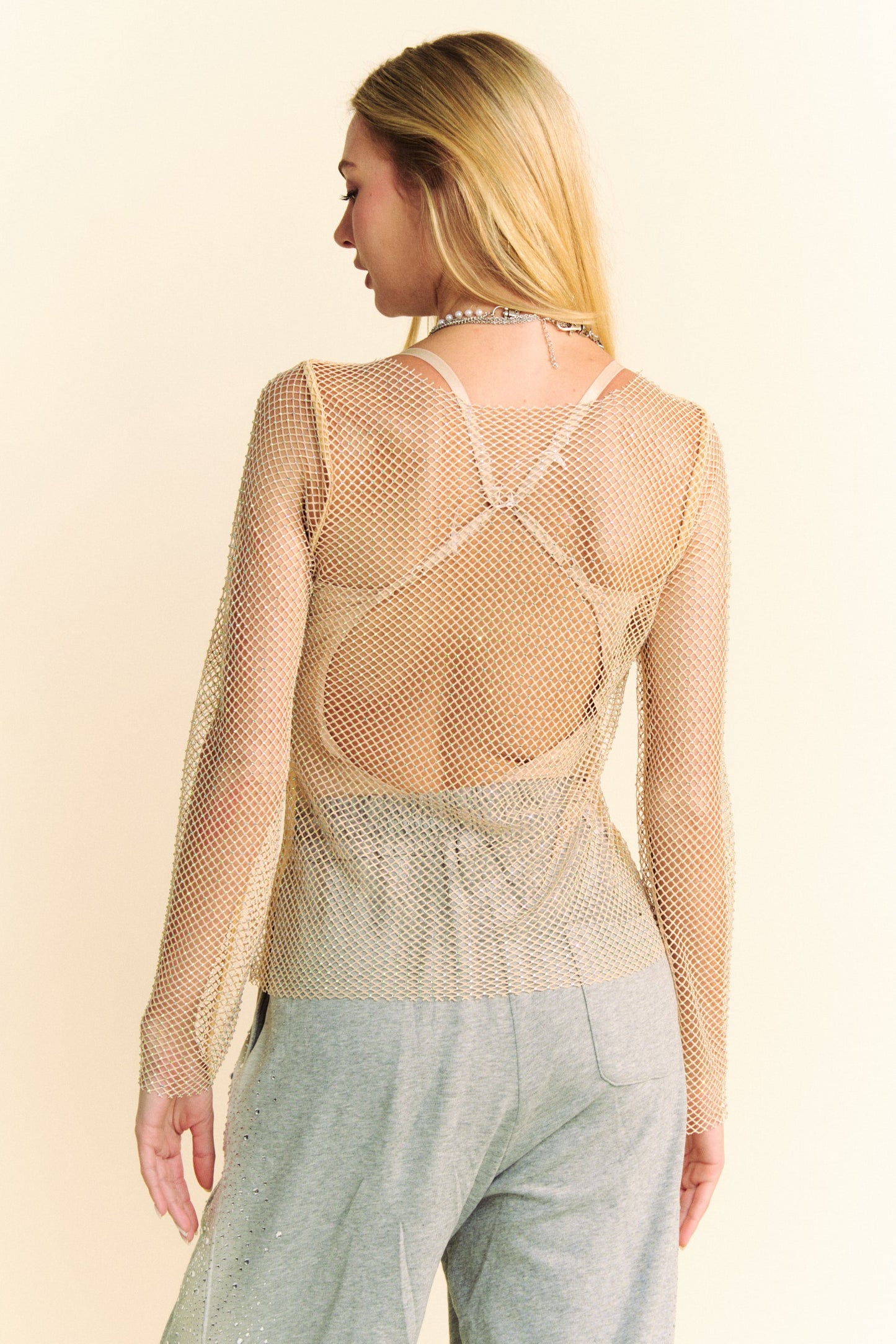 Sparkling Rhinestone Sheer Mesh Round Neck Top