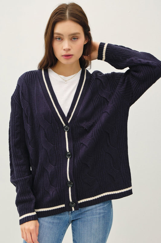 Navy Contrast Trim Cable-Knit V-Neck Cardigan