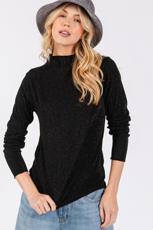 Glitter Mock Neck Lettuce Hem Long Sleeve Top