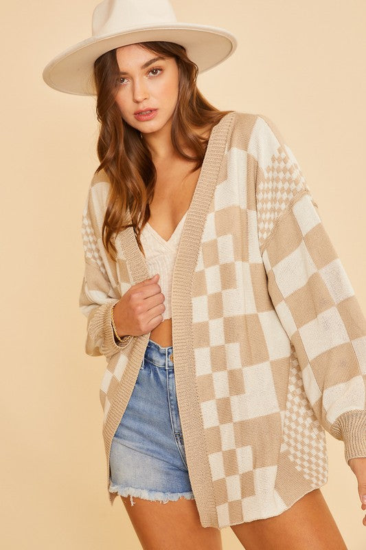 Tan Checkered Open Front Cardigan