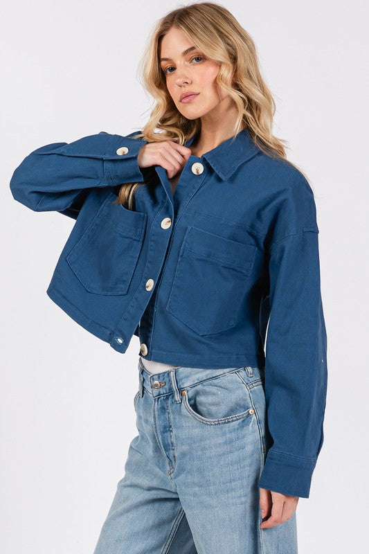 Peacock Blue Cropped Denim Jacket