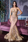 Designed for your next Gala event or special occasion, this mermaid gown is an empowering fit with a metallic embroidered lace composition artfully appliquéd with sequin accents. The gown features a flattering basque waistline, v-neckline suspended from delicate spaghetti straps, and a sheer bustier bodice adding a flair of sensuality.