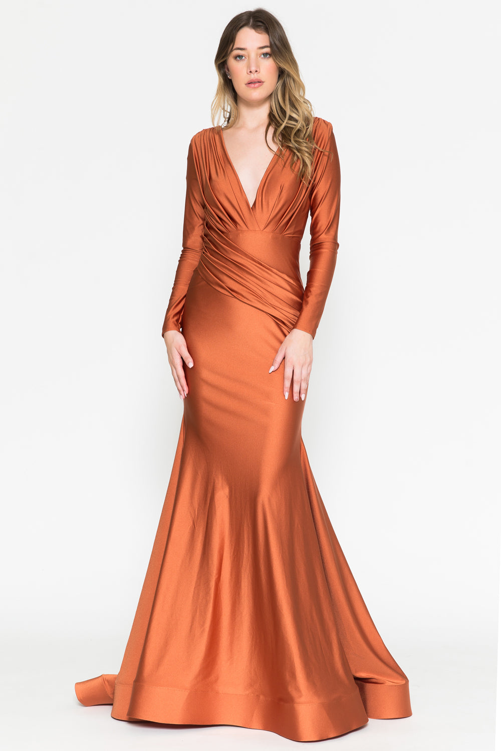 Gorgeous satin gown with double lining - long sleeve with open back and open bodice. Back zipper, long sleeves. Ruching around the waist.  Features:  Stretch Jersey, Satin Fabric Ruching Around Waist  Back Zipper, Hidden  Low V-Front and Back Long Sleeves   Horse netting on bottom  Long Train