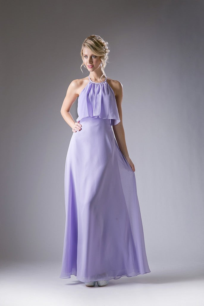 Look modest in this chiffon chic long A-line halter dress with flounced bodice.  Chiffon Sheath Dress Sleeveless halter bodice Open keyhole back Floor length lilac A-line sheath skirt Details: Bra Cup, Fully Lined