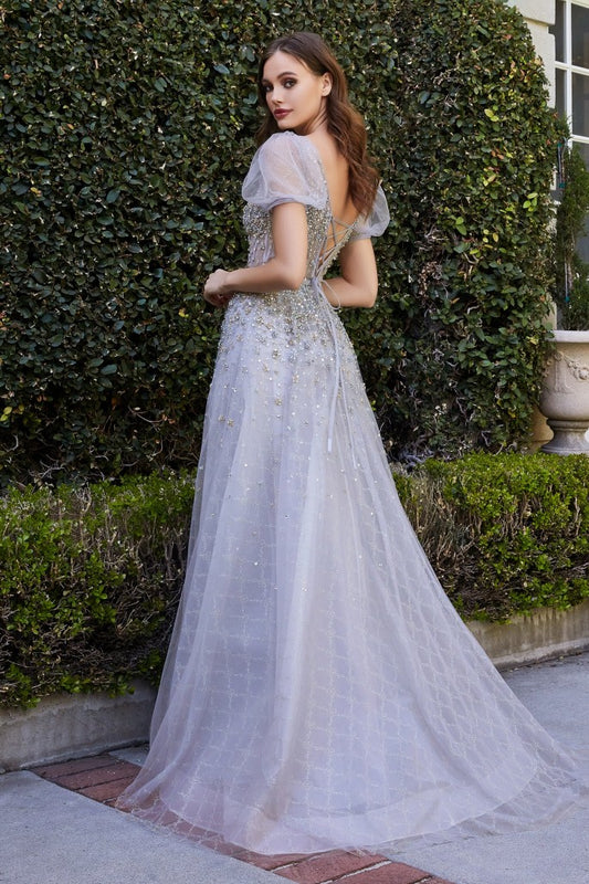 Luminescence adorns this silver ball gown in multi-colored glass beads and sheer layered tulle. Inner construction is boned at the bodice to taper the waistline and flow out through the latticed underlay skirt. Delicate sheer puff sleeves compliment this sweet garden look.
