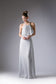 Look modest in this chiffon chic long A-line halter dress with flounced bodice.  Chiffon Sheath Dress Sleeveless halter bodice Open keyhole back Floor length silver A-line sheath skirt Details: Bra Cup, Fully Lined