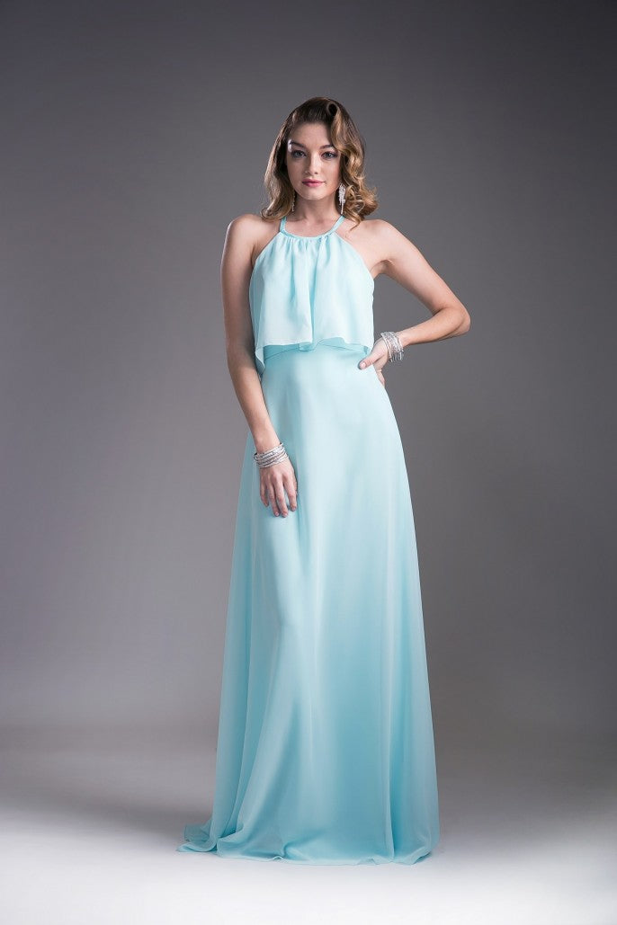 Look modest in this chiffon chic long A-line halter dress with flounced bodice.  Chiffon Sheath Dress Sleeveless halter bodice Open keyhole back Floor length mint A-line sheath skirt Details: Bra Cup, Fully Lined