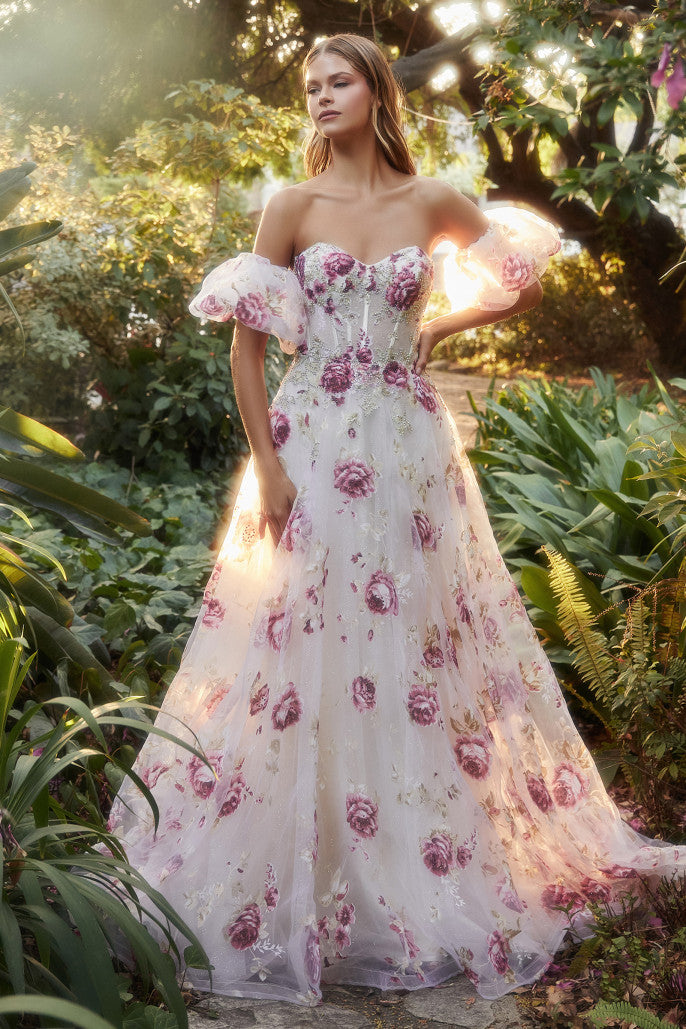 Andrea & Leo A1133 Strapless Organza Peony Print Ball Gown, Multi / 8