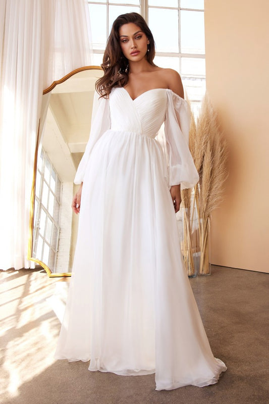 The diaphanous gown features a romantic sweetheart neckline with intricate pleating throughout framed by billowing sheer blouson sleeves that can be worn on or off the shoulder. The frothy A-line skirt is gathered at the waist and flows to a gently pooling hem.  Long Sleeve Chiffon Gown (No Stretch) Sweetheart bodice with billowy sleeves Open back Floor length A-line skirt with a small train Details: Bra Cup, Fully Lined Fit: The model is 5'8" and is wearing 4" heels