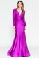 Gorgeous satin gown with double lining - long sleeve with open back and open bodice. Back zipper, long sleeves. Ruching around the waist.  Features:  Stretch Jersey, Satin Fabric Ruching Around Waist  Back Zipper, Hidden  Low V-Front and Back Long Sleeves   Horse netting on bottom  Long Train
