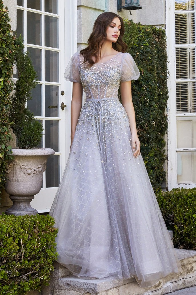 Luminescence adorns this silver ball gown in multi-colored glass beads and sheer layered tulle. Inner construction is boned at the bodice to taper the waistline and flow out through the latticed underlay skirt. Delicate sheer puff sleeves compliment this sweet garden look.