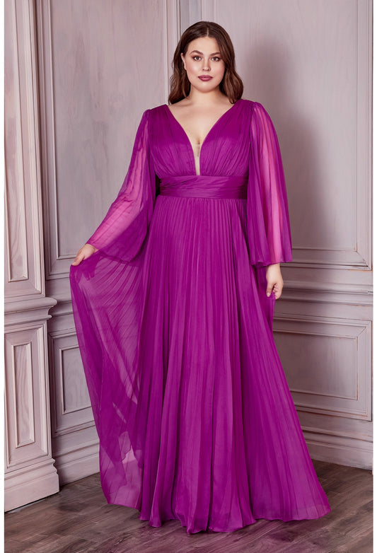 An elegant and sophisticated option for attending a wedding or other formal occasion. This chiffon gown is pleated from sleeve to hem and gathered at the deep v-neckline and waist. An open mid back has a center back zipper closure.