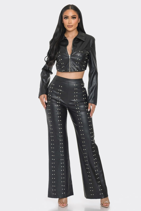 Black Faux Leather Set With Rhinestone Detail
