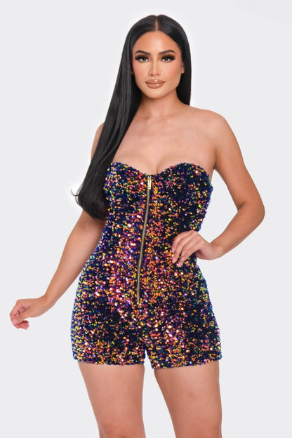 Navy and gold sequins tube top romper featuring a mini sequined strapless romper with a good zipper front and illusion neckline.  100% Polyester