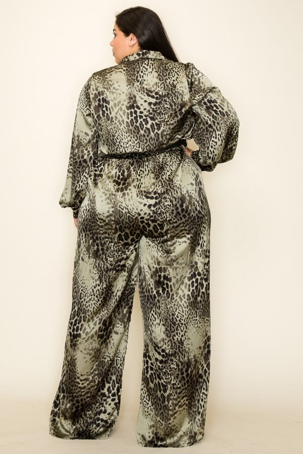 Oliver color. Satin Leopard Long Sleeve Button Down Palazzo Jumpsuit. 100% Polyester.