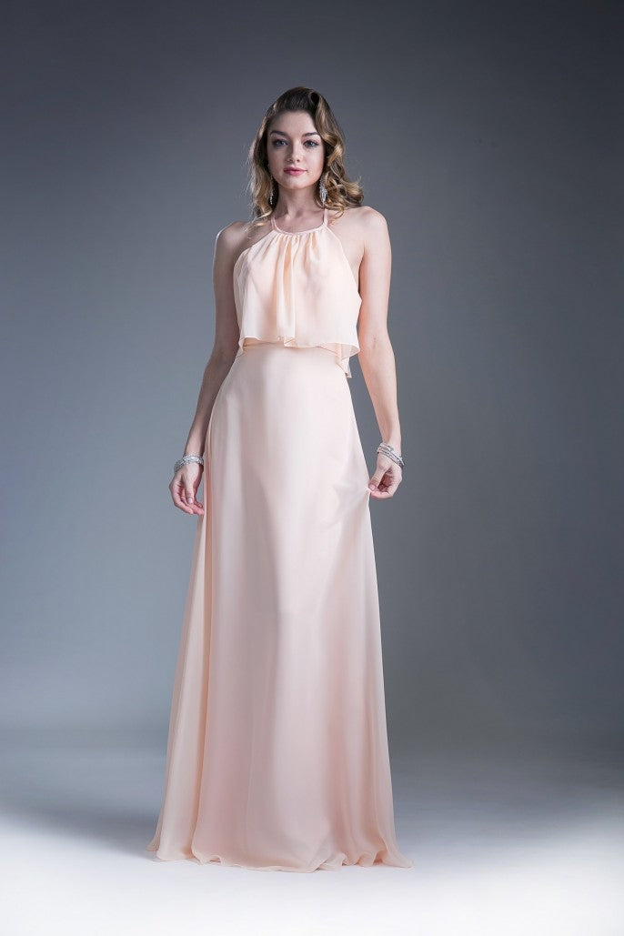 Look modest in this chiffon chic long A-line halter dress with flounced bodice.  Chiffon Sheath Dress Sleeveless halter bodice Open keyhole back Floor length peach A-line sheath skirt Details: Bra Cup, Fully Lined