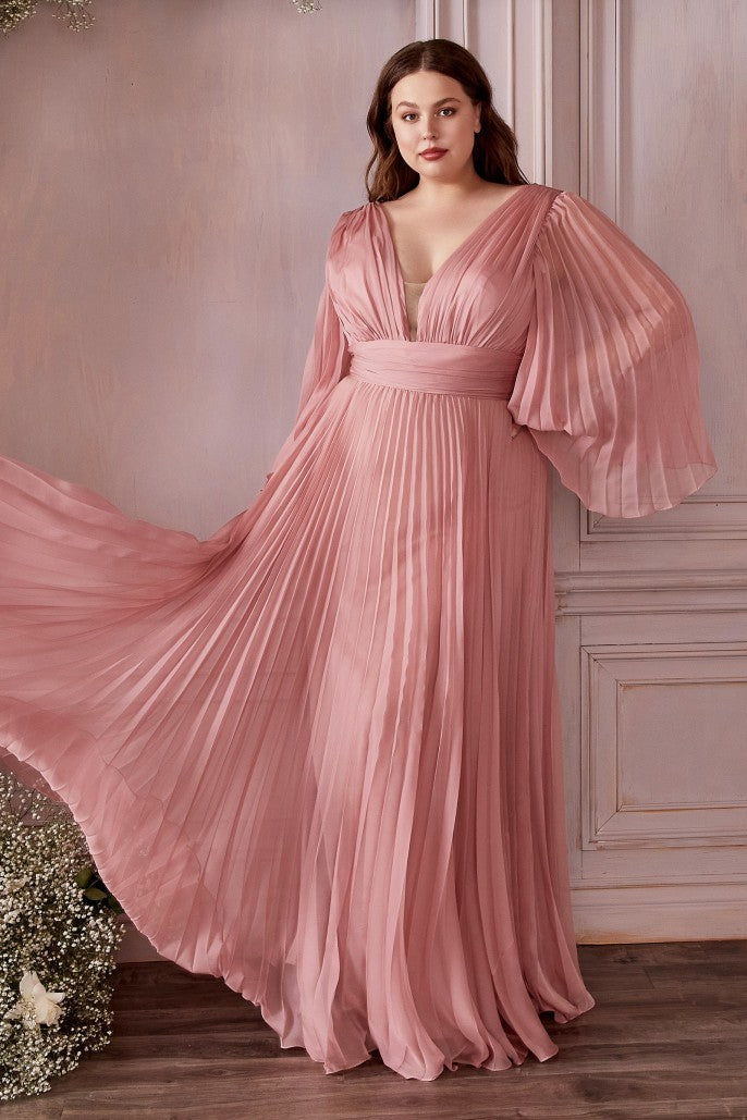 An elegant and sophisticated option for attending a wedding or other formal occasion. This chiffon gown is pleated from sleeve to hem and gathered at the deep v-neckline and waist. An open mid back has a center back zipper closure.