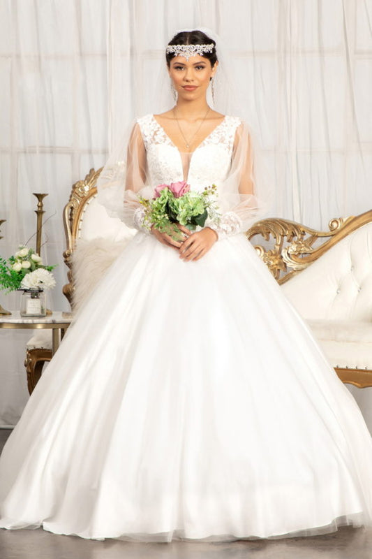 Beads Embellished Long Sleeves Wedding Gown w/ Sheer Back Button Closure Fabric: Lace, Mesh  Length: Long  Neckline: Illusion V-Neck  Sleeve: Long Sleeve  Back: Button Closure, Sheer, Zipper  Embellishment: Beads, Embroidery, Jewel, Sequin  Silhouette: Ball Gown