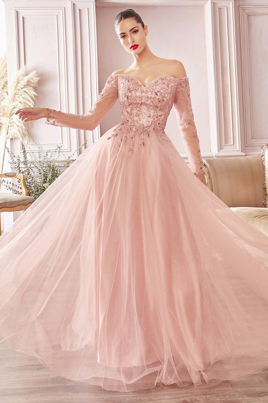 Captivate the room in this rose-gold beaded long off the shoulder A-line glitter tulle dress with sheer 3/4 sleeves and A-line skirt.  A-line off the shoulder layered glitter tulle gown with floral beaded bodice Off the shoulder sweetheart bodice with illusion 3/4 sleeves Open back Floor length A-line skirt Details: Bra 