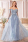 Captivate the room in this smoky-blue beaded long off the shoulder A-line glitter tulle dress with sheer 3/4 sleeves and A-line skirt.  A-line off the shoulder layered glitter tulle gown with floral beaded bodice Off the shoulder sweetheart bodice with illusion 3/4 sleeves Open back Floor length A-line skirt Details: Bra 