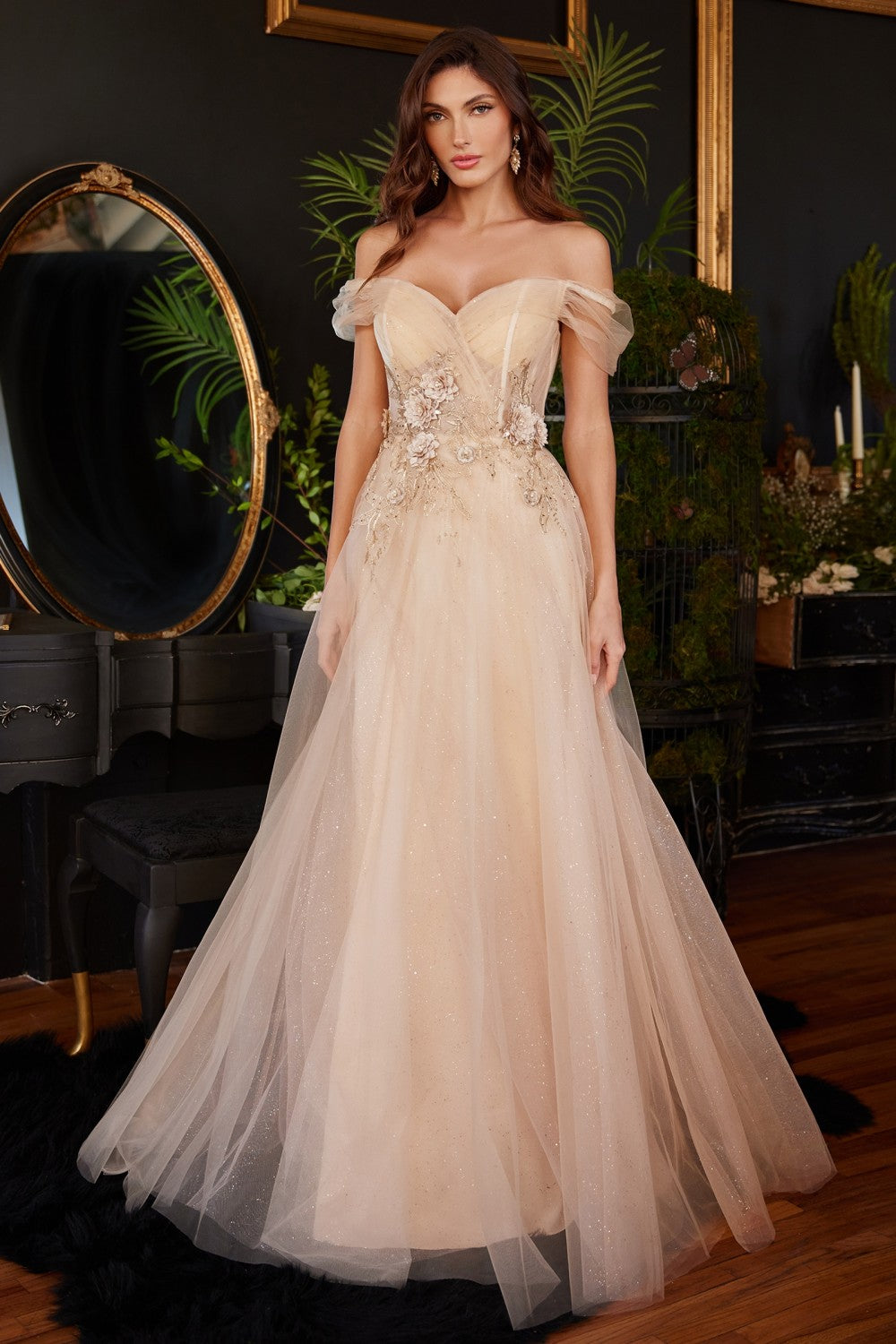 Look breathtaking in this 3D floral applique long off the shoulder dress with A-line glitter tulle skirt from Ladivine by Cinderella Divine CD3395.