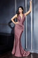 Look unforgettable in this ruched long jersey V-neck dress with open back.  Fitted jersey gown with rouched waistline Pleated deep v-neckline Sleeveless bodice Secured with wide straps Deep illusion V-neckline Open V-back Floor length column skirt with sweep train Details: Bra Cup, Fully Lined Garment Care: Dry Clean Suggested