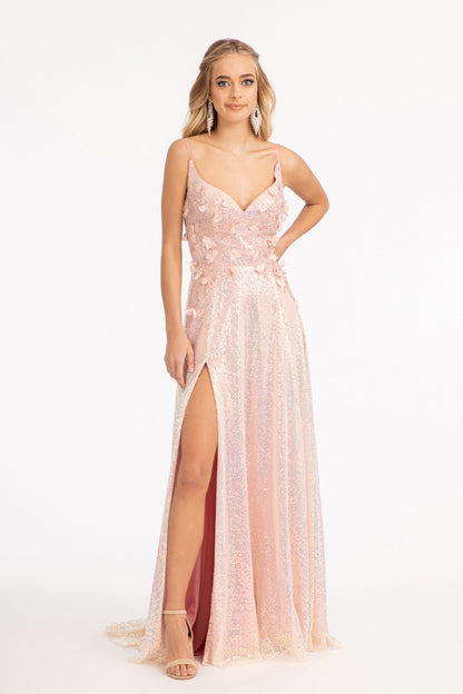 Looking for the one perfect dress for your special night? Opt for this sparkly sequin embellished A-line dress! It features sweetheart neckline with wide open back and side leg slit decorated with 3-D floral appliques and delicate jewels. Available in Purple and Rose Gold