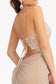 Sequin Embroidered Glitter Crepe Mermaid Dress w/ Cut-out Back and Slit  Sparkly glitter embellished mermaid dress featured with sheer bodice, gathered waistline, side leg slit, and open cut-out lace-up back. It's also decorated with elegant embroidery, delicate beads, appliques, and sequin. Available in Champagne, Lilac, and Rose Gold