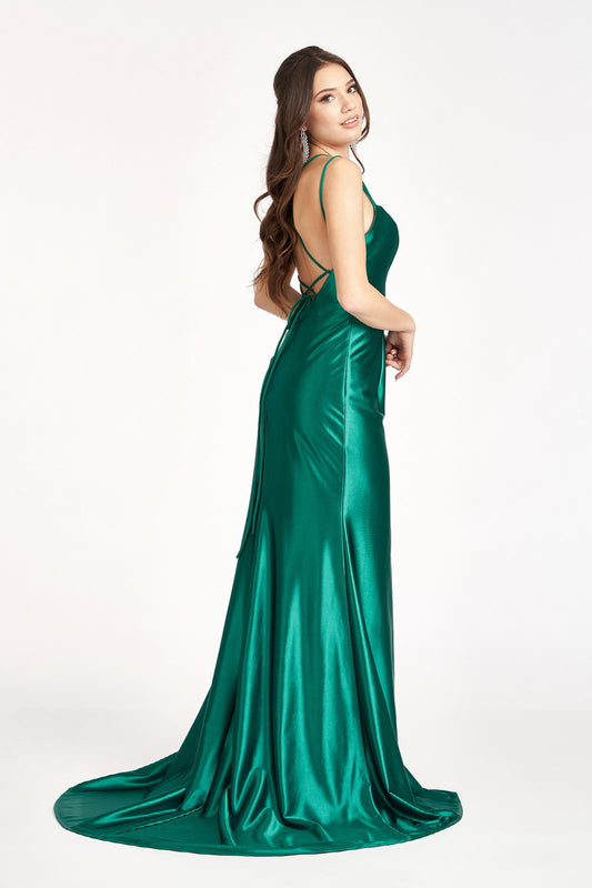 Straight Across Satin Mermaid Dress w/ Lace-up Back and Slit  Beautiful satin dress to accompany any special occasion. Mermaid silhouette hugs your body to enhance your curve beautifully, and straight across neckline with a pair of two spaghetti straps add allure to your look. Available in Blush, Green, Red, and Sienna