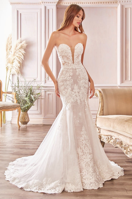 Captivate the room in this off white lace strapless mermaid dress.  Strapless mermaid bridal gown with beautiful layered lace and scalloped eyelash train. Strapless deep sweetheart bodice secured with sheer inset panel. Floor length fitted trumpet skirt with sweep train.  Bra cup, fully lined.