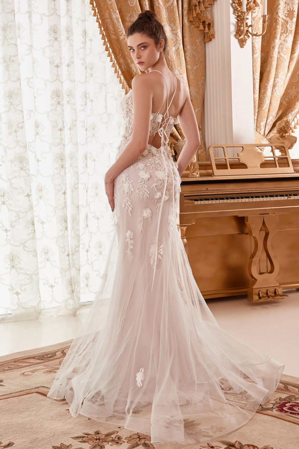 Beautifully draped off the shoulder wedding gown with an overskirt to give a pure look of elegance.